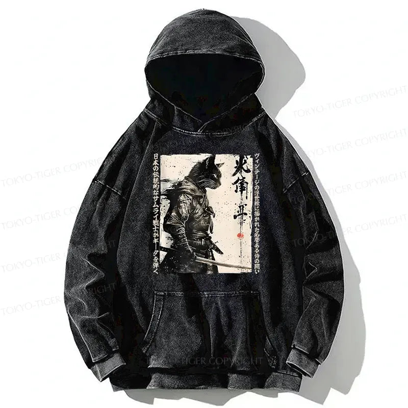Kyoto-Lion Cat Samurai Retro Washed Hoodie