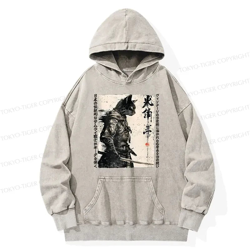 Kyoto-Lion Cat Samurai Retro Washed Hoodie