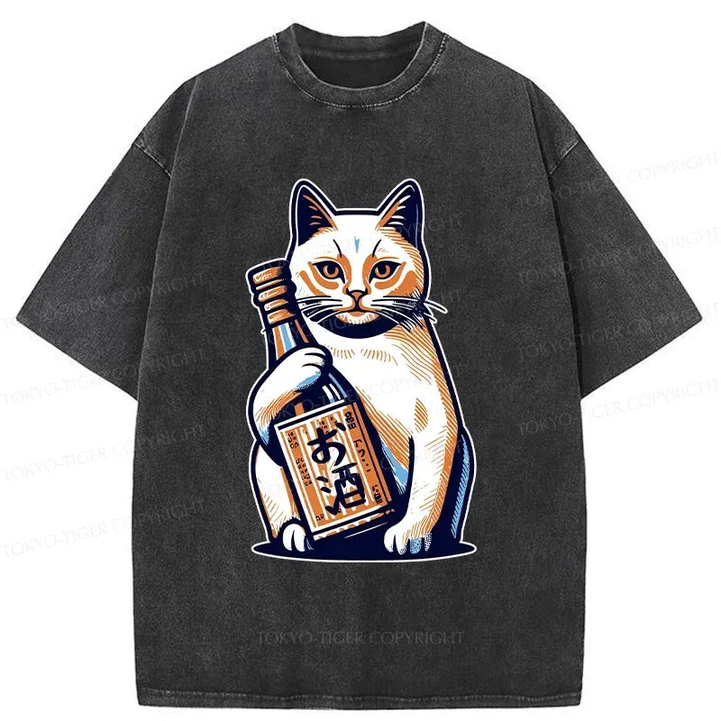 Kyoto-Lion Cat Holding Wine Washed T-Shirt