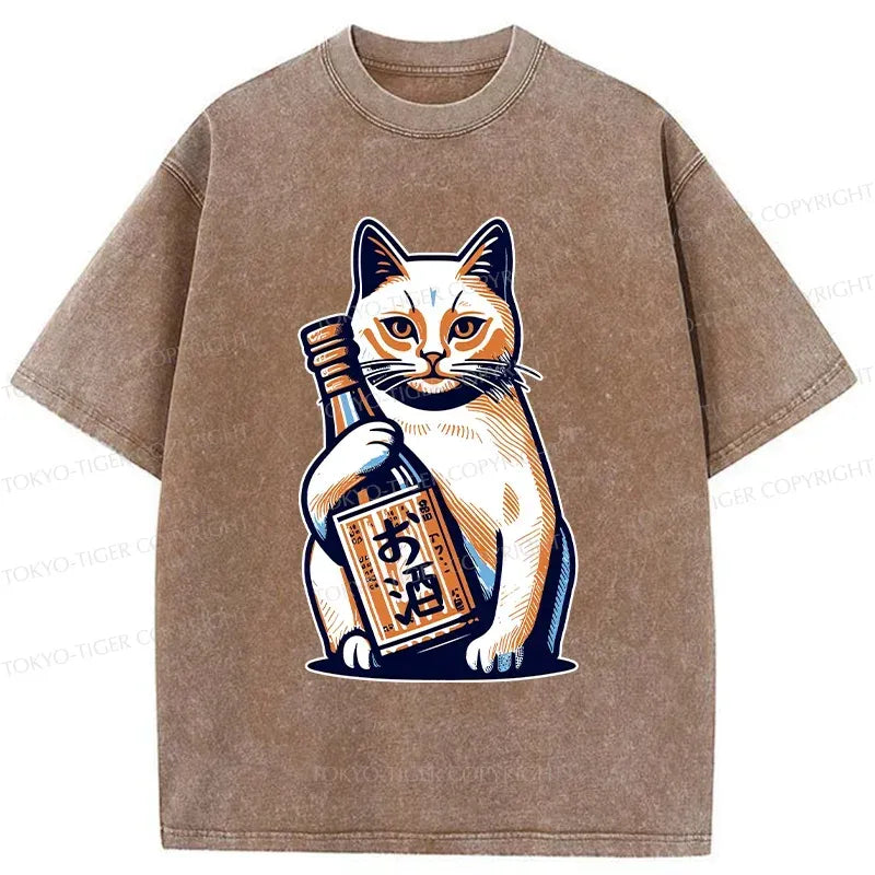 Japanese cat holding wine t-shirt