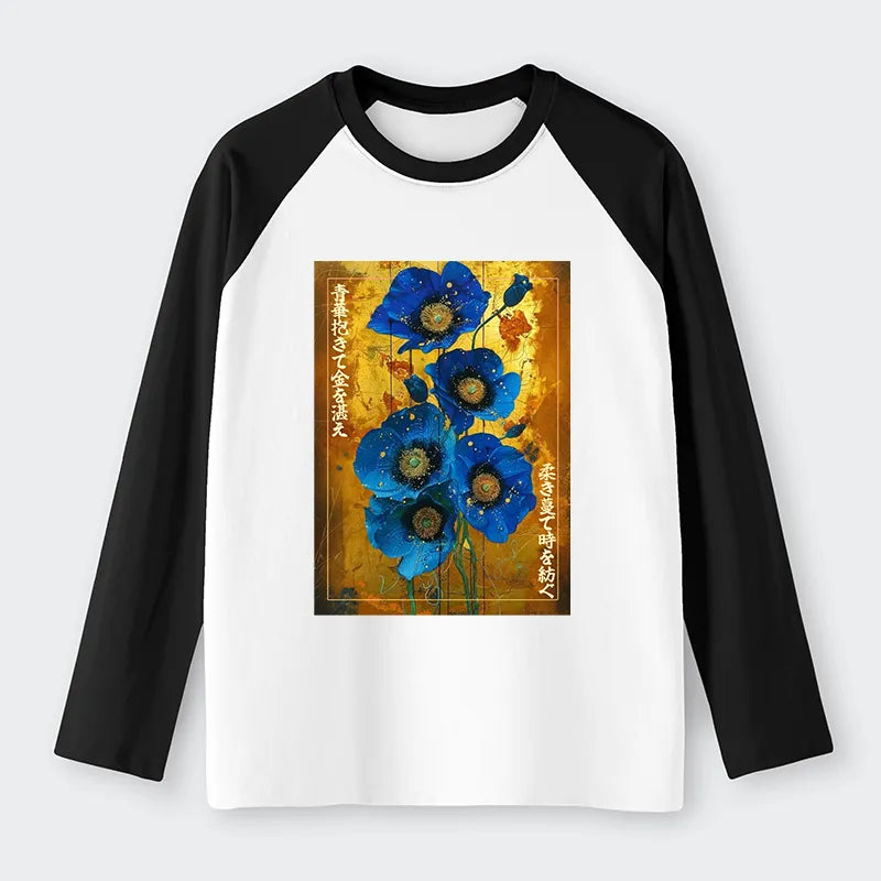 Kyoto-Lion Shiny Blue Flower Warm Golden Background Raglan Long Sleeve T-shirt