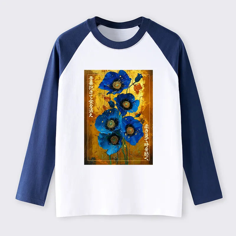 Kyoto-Lion Shiny Blue Flower Warm Golden Background Raglan Long Sleeve T-shirt