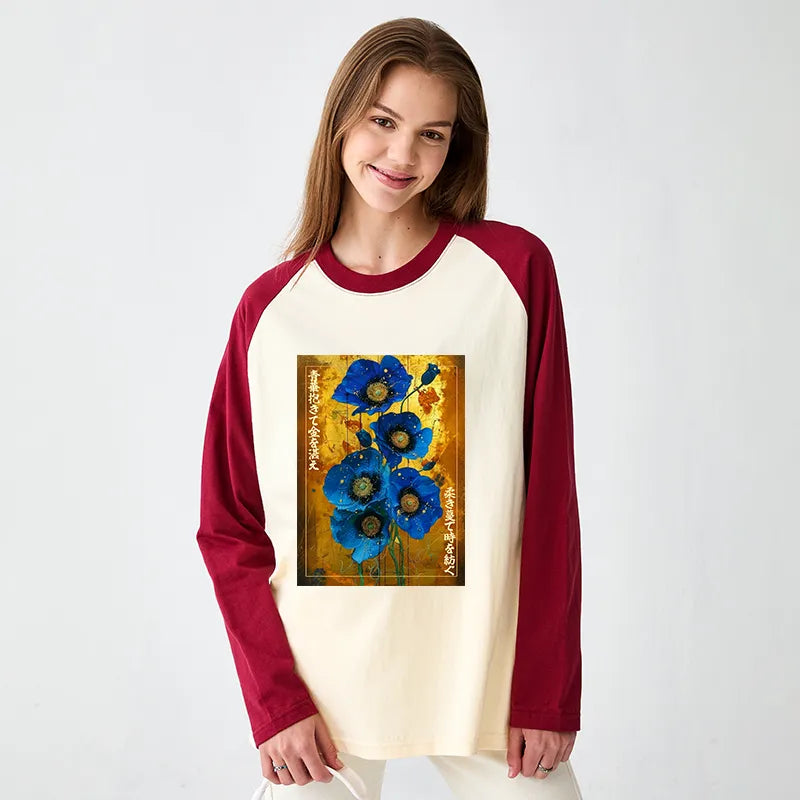 Kyoto-Lion Shiny Blue Flower Warm Golden Background Raglan Long Sleeve T-shirt