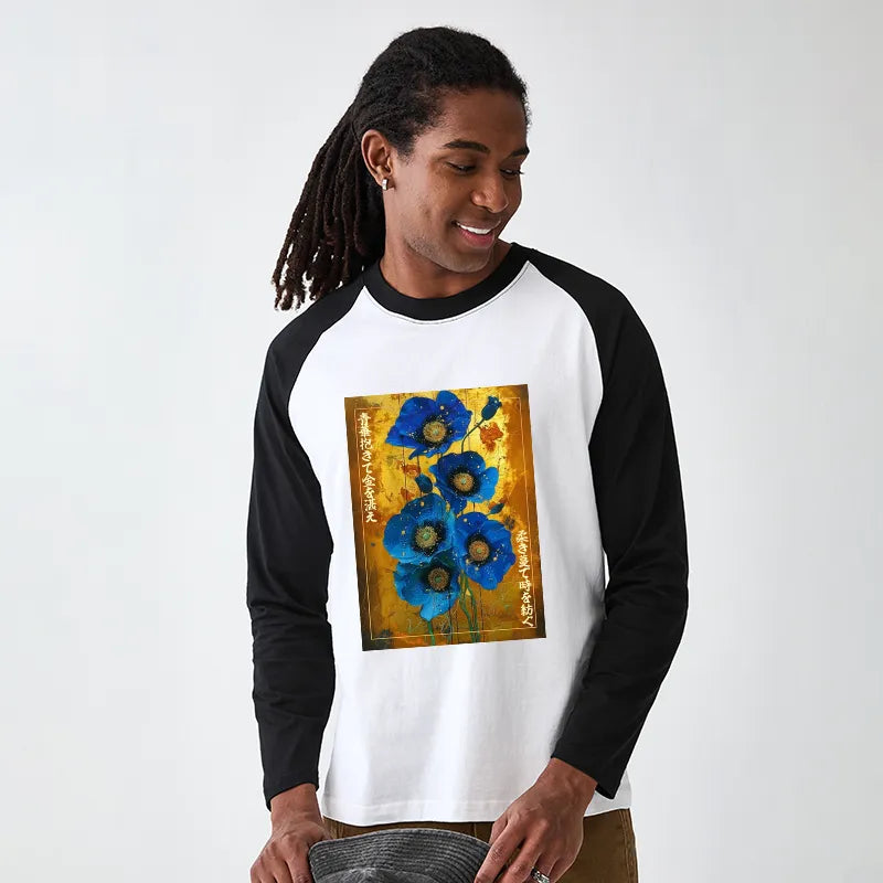 Kyoto-Lion Shiny Blue Flower Warm Golden Background Raglan Long Sleeve T-shirt