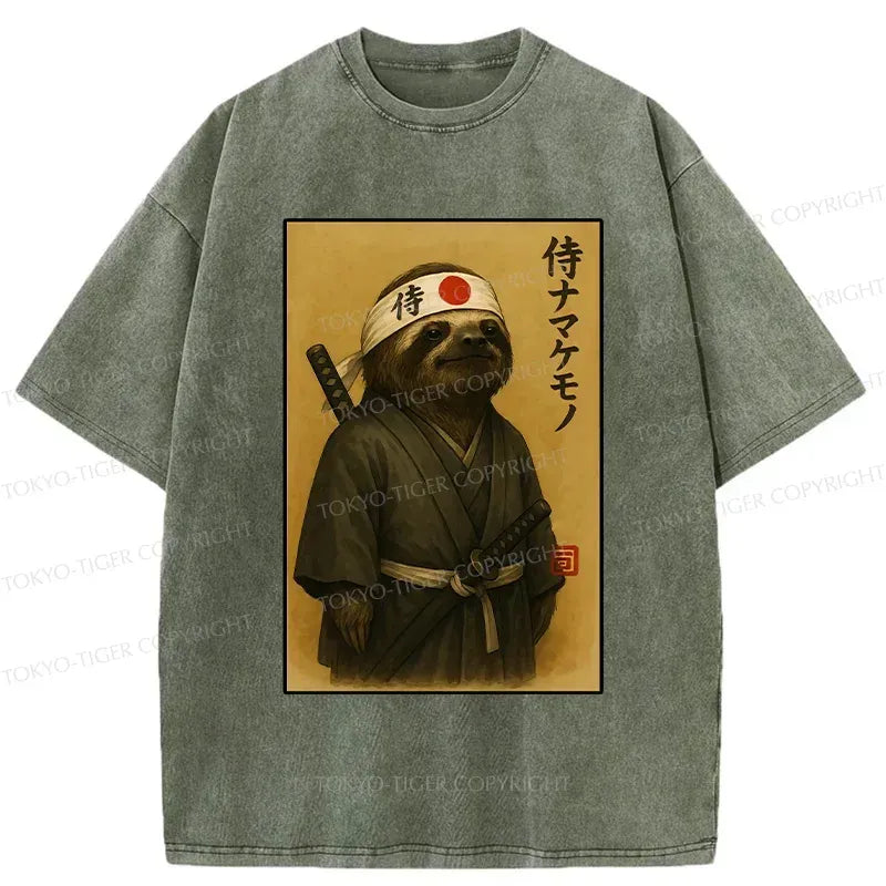 Kyoto-Lion Japanese Samurai Sloth Washed T-Shirt