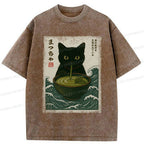Kyoto-Lion Black Cat and Matcha with Waves Washed T-Shirt