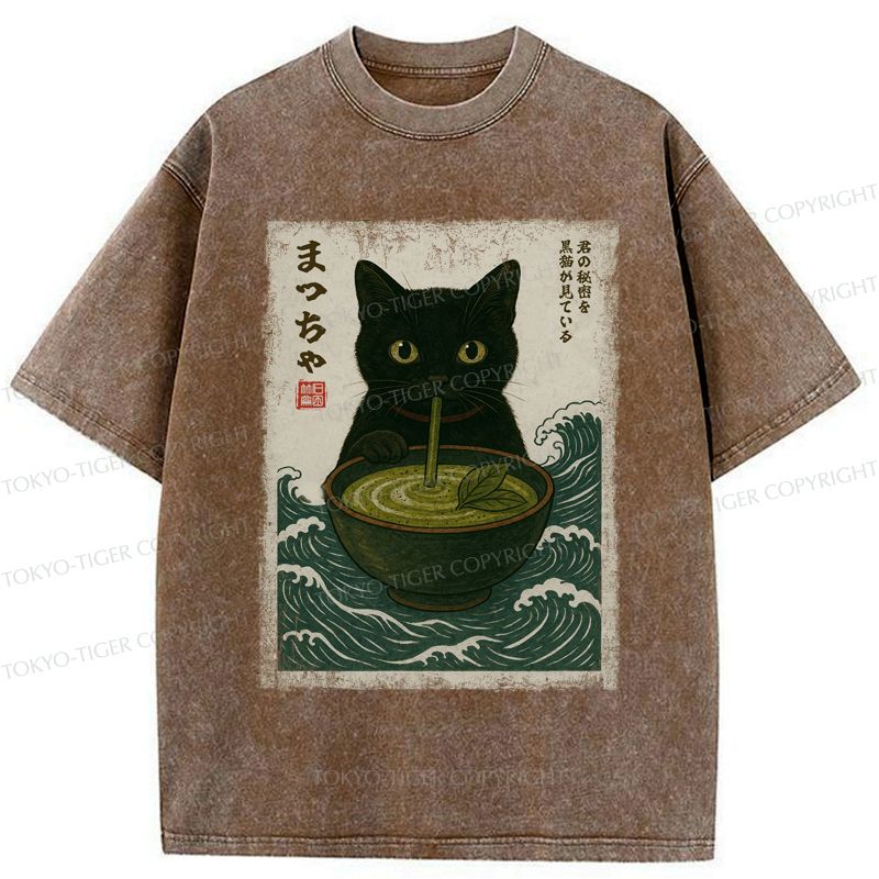 Kyoto-Lion Black Cat and Matcha with Waves Washed T-Shirt