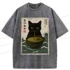 Kyoto-Lion Black Cat and Matcha with Waves Washed T-Shirt