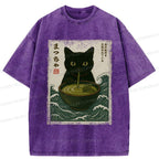 Japanese Black Cat Washed T-Shirt