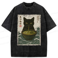 Kyoto-Lion Black Cat and Matcha with Waves Washed T-Shirt