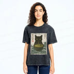 Kyoto-Lion Black Cat and Matcha with Waves Washed T-Shirt
