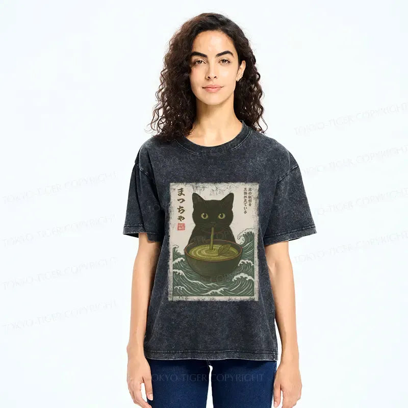 Kyoto-Lion Black Cat and Matcha with Waves Washed T-Shirt