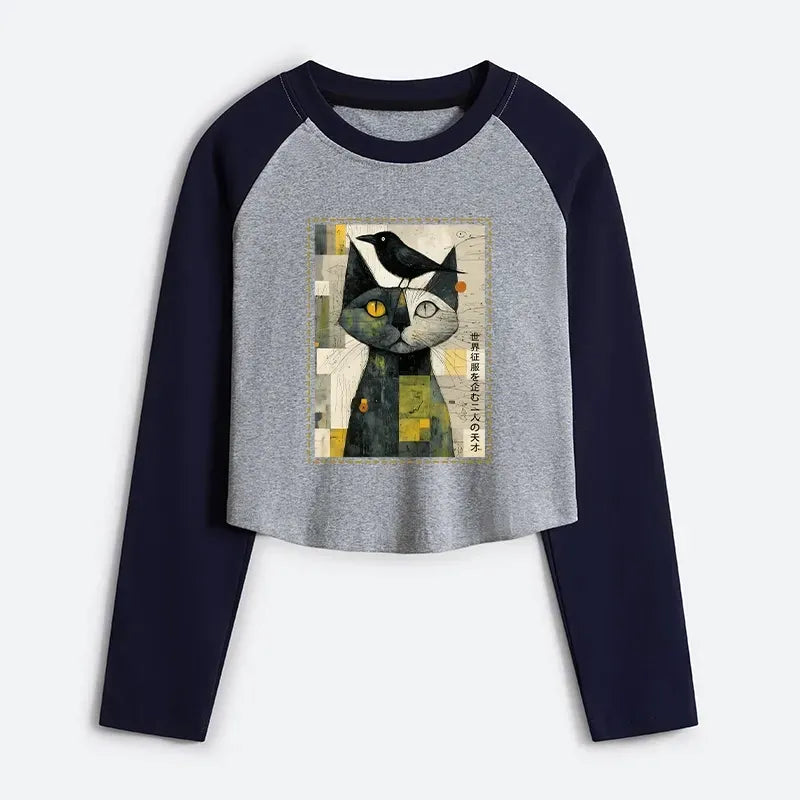 Funny Cat Crow Japanese Crop T-Shirt