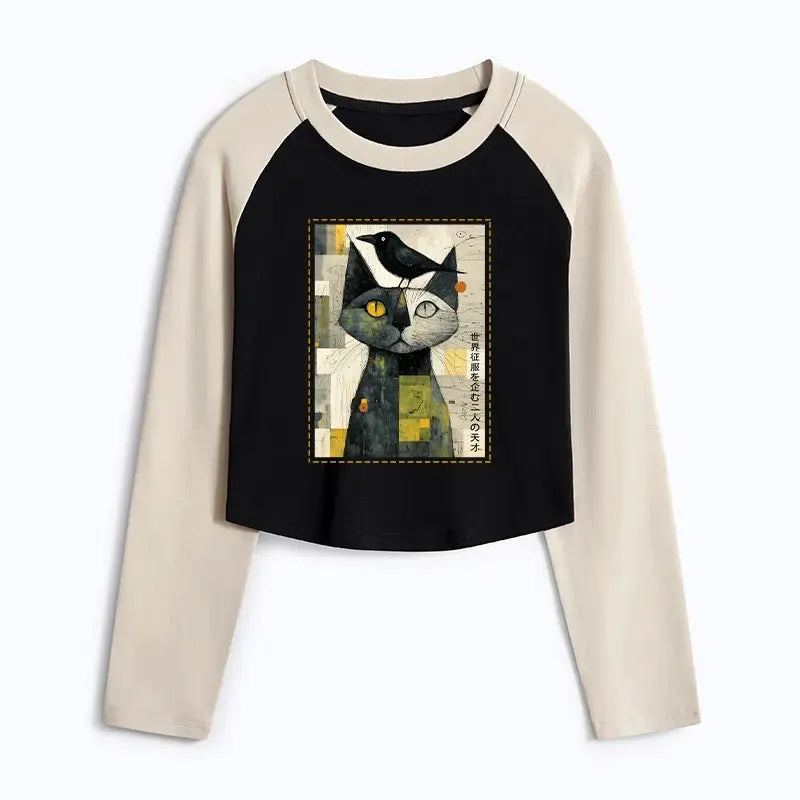 Funny Cat Crow Japanese Crop T-Shirt