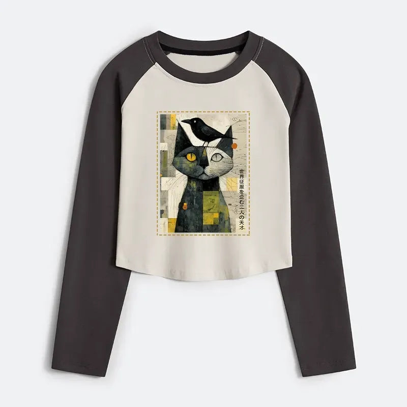 Funny Cat Crow Japanese Crop T-Shirt