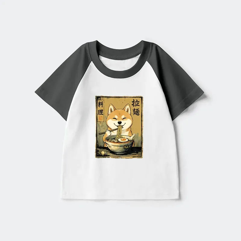 Kyoto-Lion Happy Shiba Eating Ramen Kids Raglan T-shirt