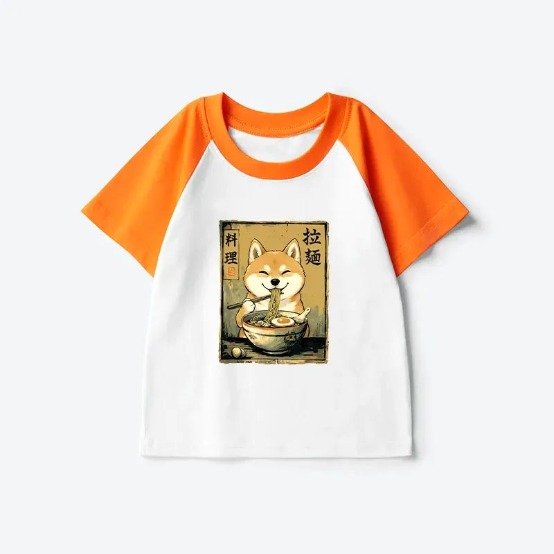 Kyoto-Lion Happy Shiba Eating Ramen Kids Raglan T-shirt