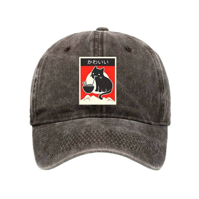 Kyoto-Lion 'Kawaii' Vintage Style Japenese Ramen Cat Washed Cap