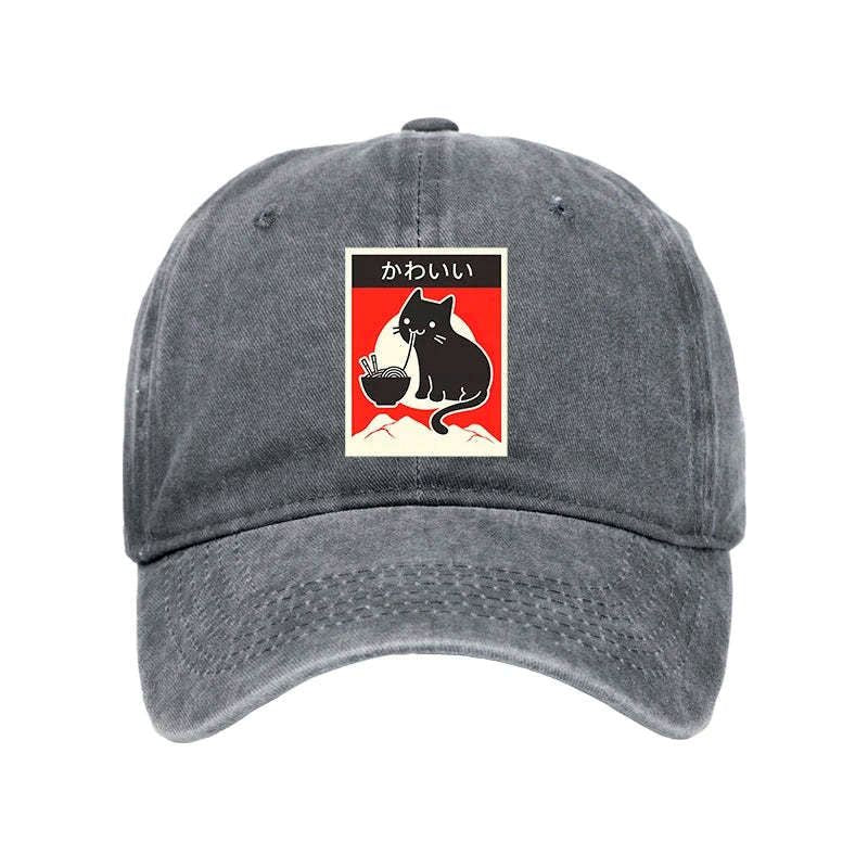 Kyoto-Lion 'Kawaii' Vintage Style Japenese Ramen Cat Washed Cap