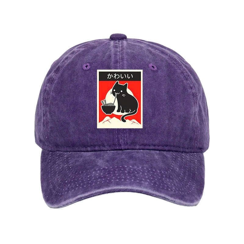 Kyoto-Lion 'Kawaii' Vintage Style Japenese Ramen Cat Washed Cap