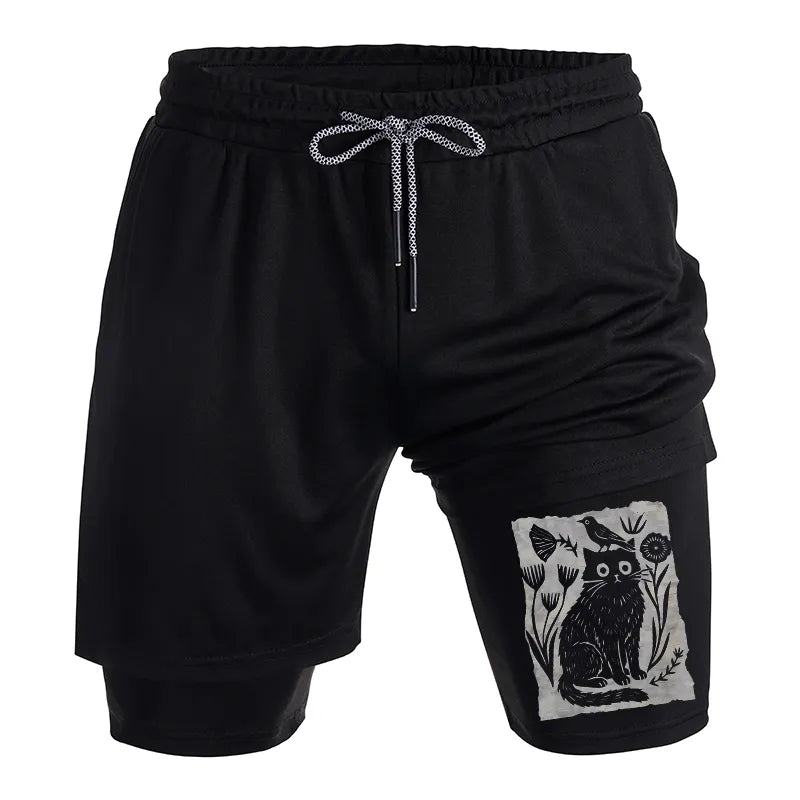Kyoto-Lion Folk Paper Cut Cat Bird Floral Art Training Shorts