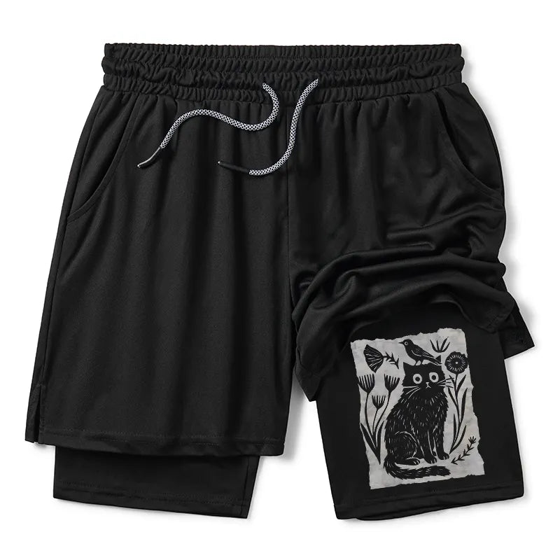 Kyoto-Lion Folk Paper Cut Cat Bird Floral Art Training Shorts