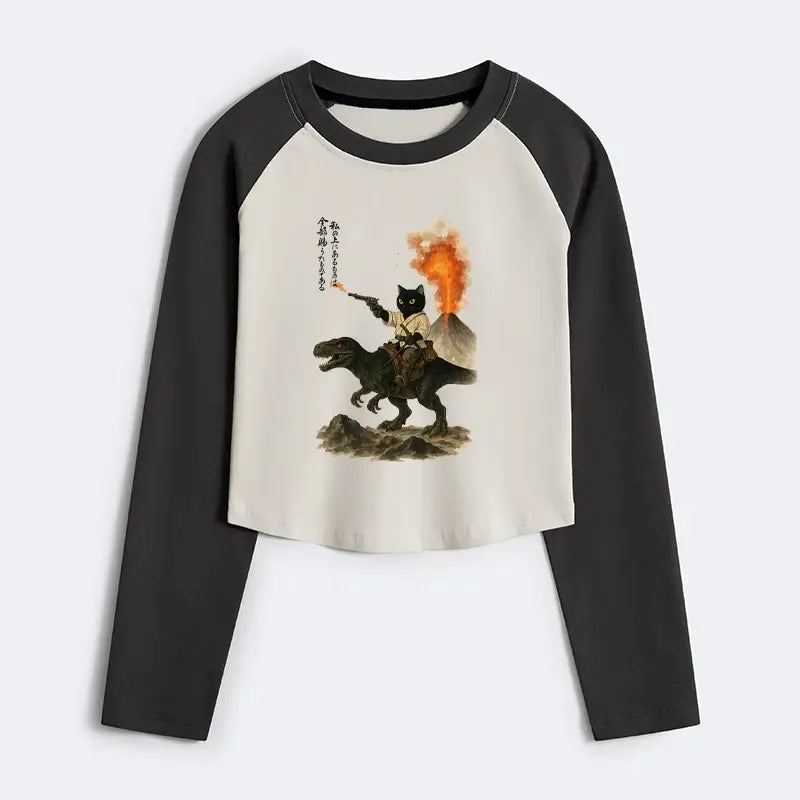 Japanese Cat Dinosaur Crop Raglan Tee