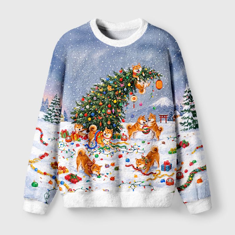 Kyoto-Lion Uncontrollable Dog Decoration Scene Fuzzy Christmas Ugly Sweatshirt