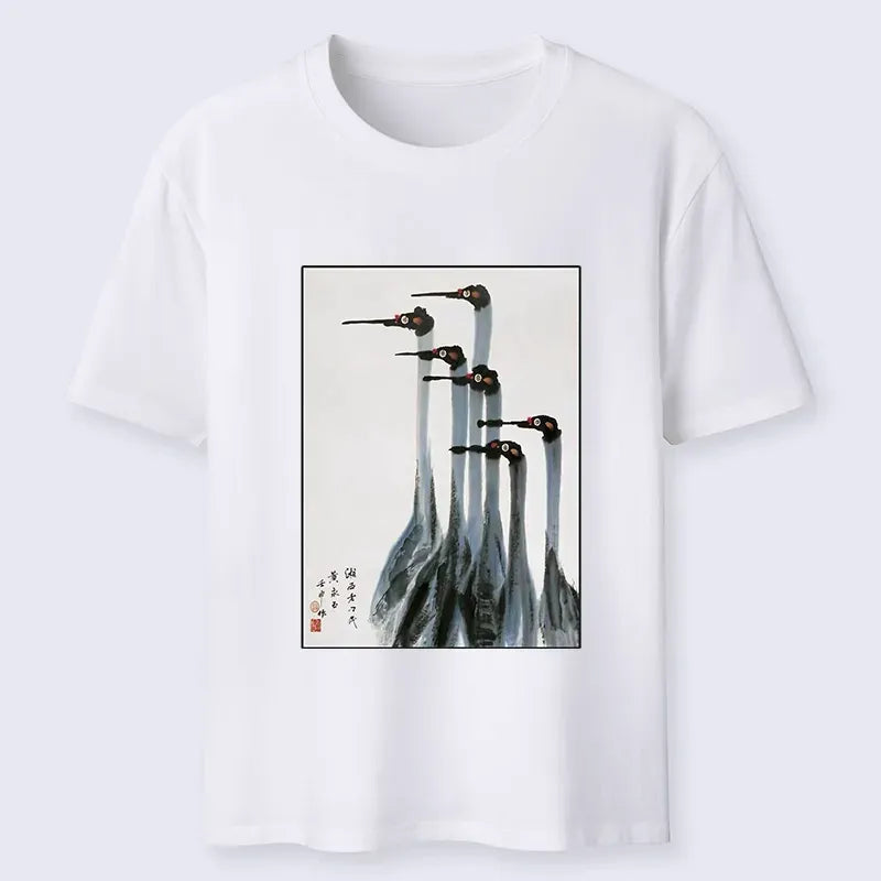 Retro Crane Painting T-Shirt on Sale