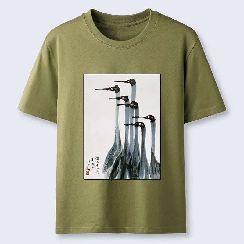 Retro Crane Painting T-Shirt on Sale