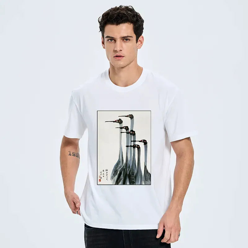 Retro Crane Painting T-Shirt on Sale