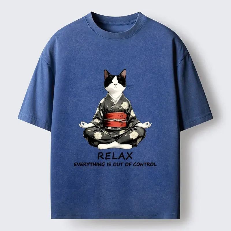 Kyoto-Lion Peaceful Kimono Cat Meditation Art Washed T-Shirt