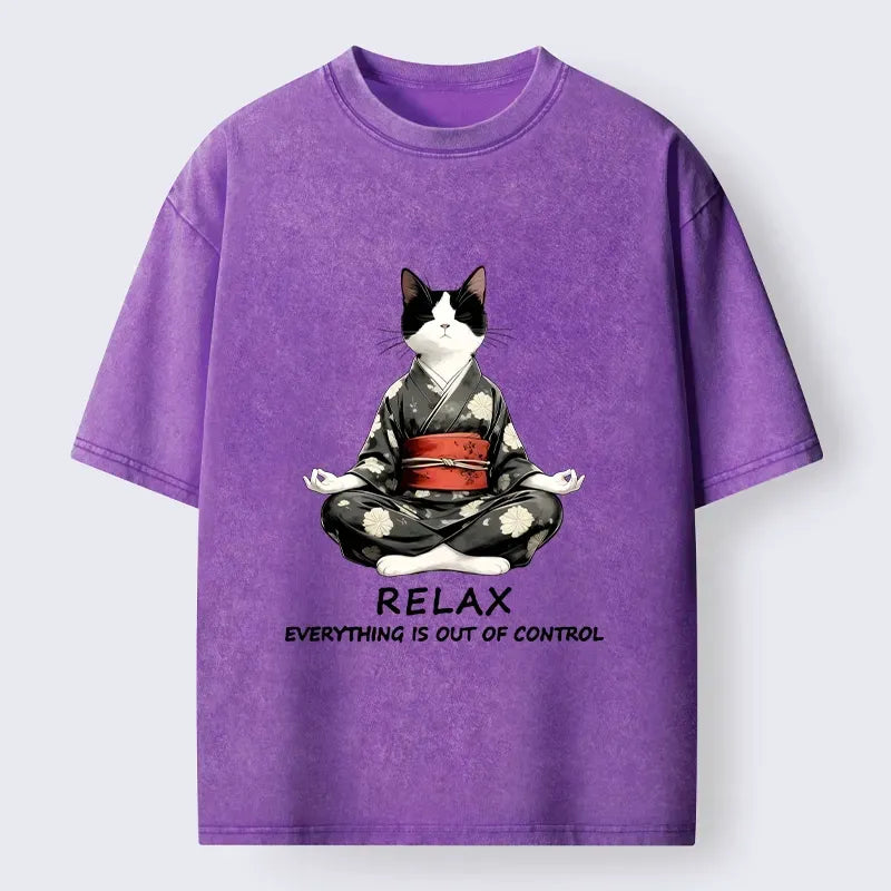 Kyoto-Lion Peaceful Kimono Cat Meditation Art Washed T-Shirt