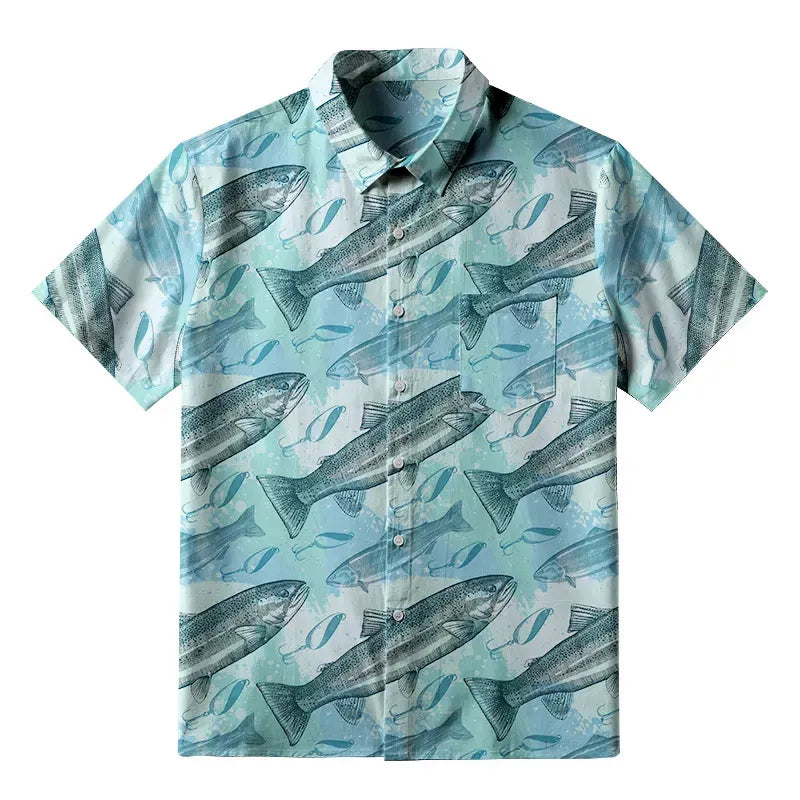 Kyoto-Lion Swimming Fish And Fishhook Button-up Shirt
