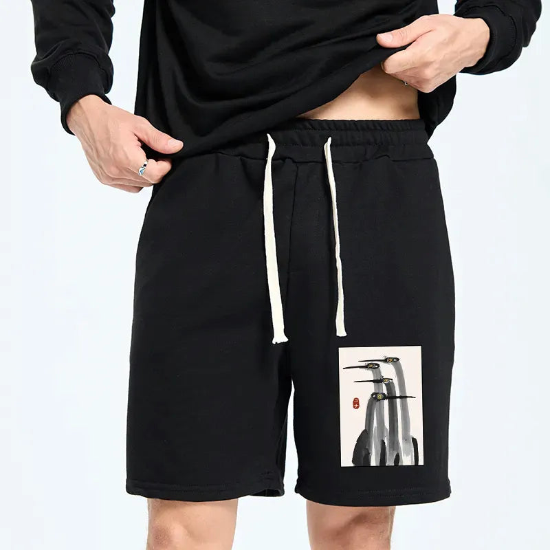 Unisex Casual Shorts with Japanese Crane Print