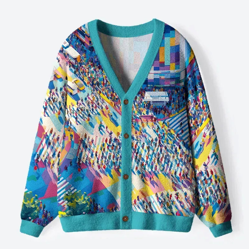 Kyoto-Lion Colorful Sidewalks Ugly Cardigan Sweater
