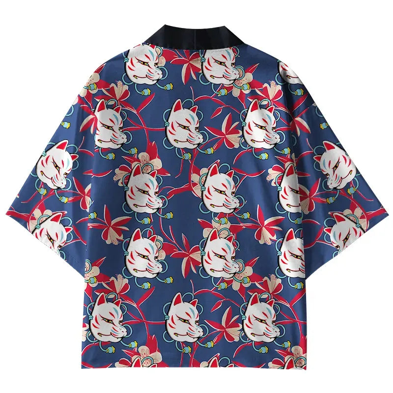 Kyoto-Lion Japanese Fox Mask Kimono Cardigan