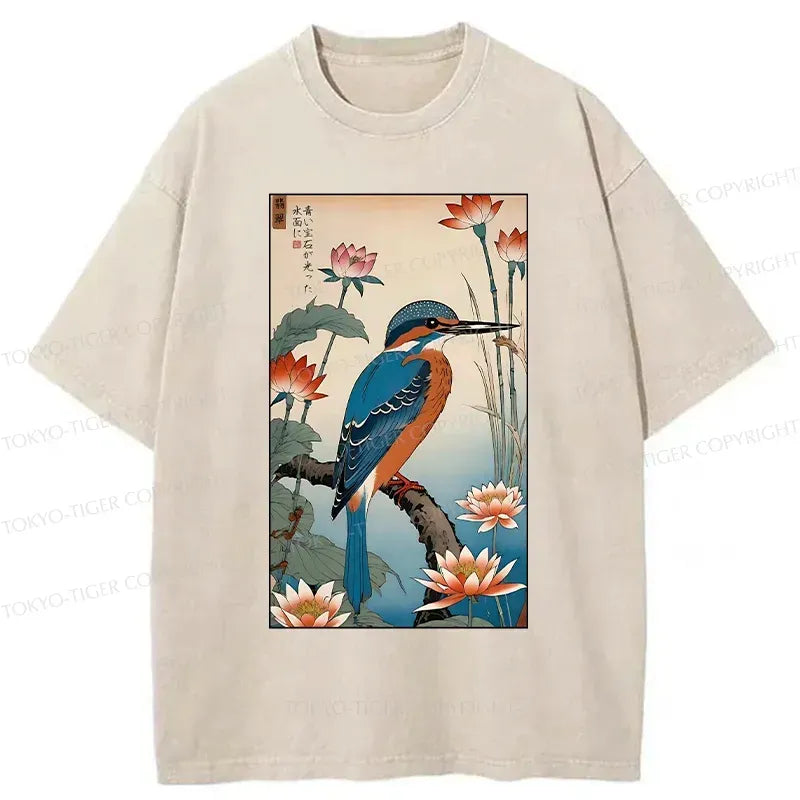 Kyoto-Lion Ukiyo-e Kingfisher Washed T-Shirt