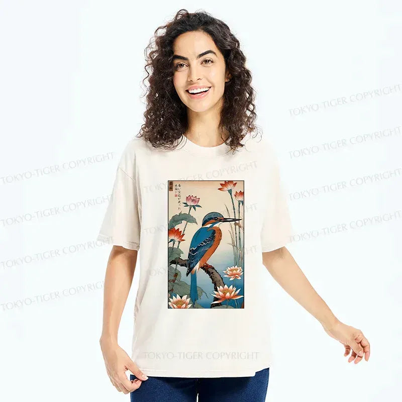 Kyoto-Lion Ukiyo-e Kingfisher Washed T-Shirt