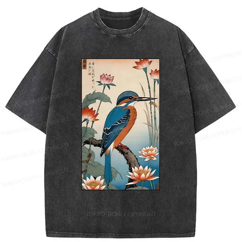 Kyoto-Lion Ukiyo-e Kingfisher Washed T-Shirt
