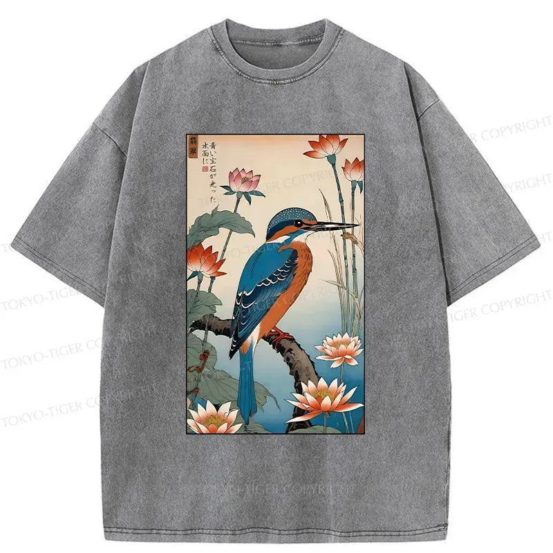 Kyoto-Lion Ukiyo-e Kingfisher Washed T-Shirt