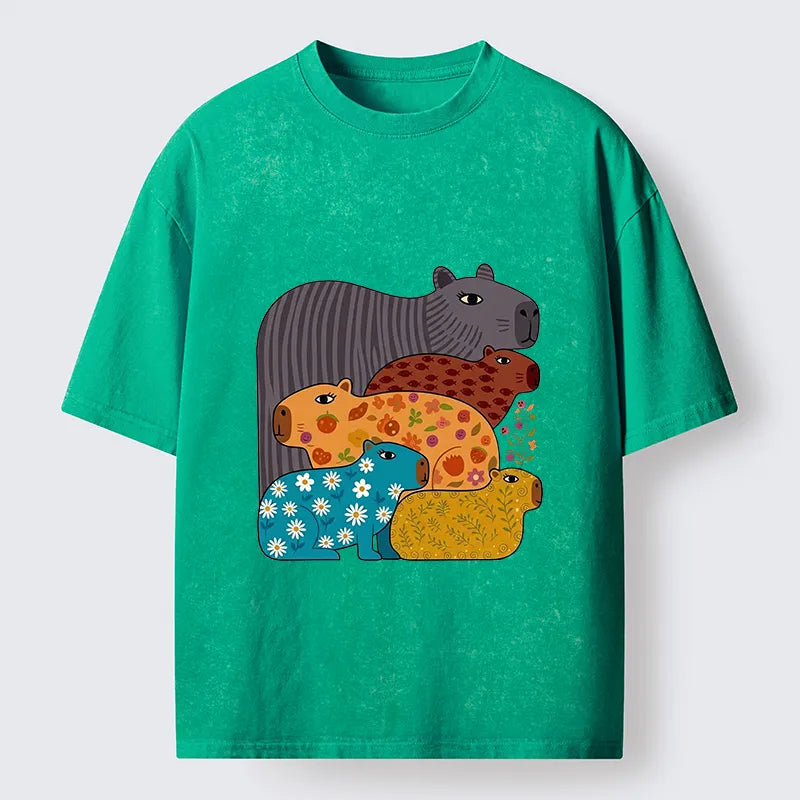 Kyoto-Lion A Group Of Colorful Capybaras Washed T-Shirt
