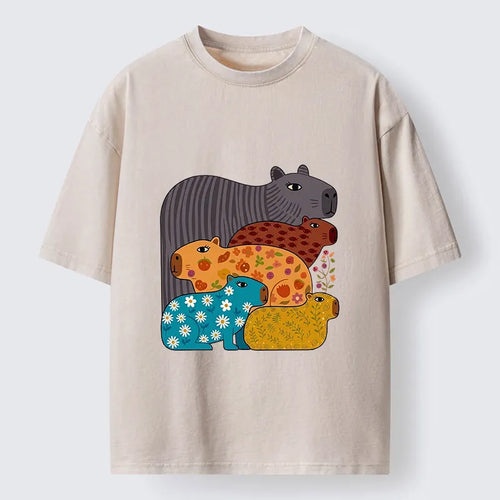 Kyoto-Lion A Group Of Colorful Capybaras Washed T-Shirt