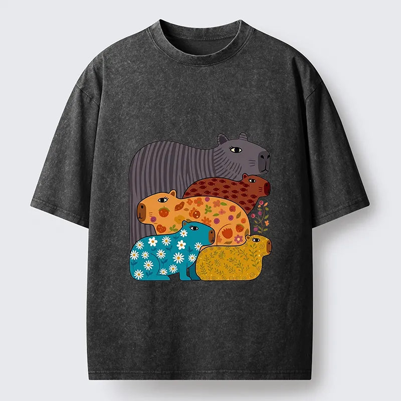 Kyoto-Lion A Group Of Colorful Capybaras Washed T-Shirt