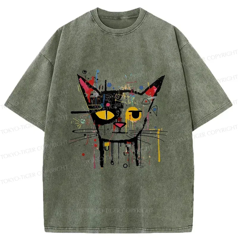 Funny Japanese Cat Washed T-Shirt for Everyday