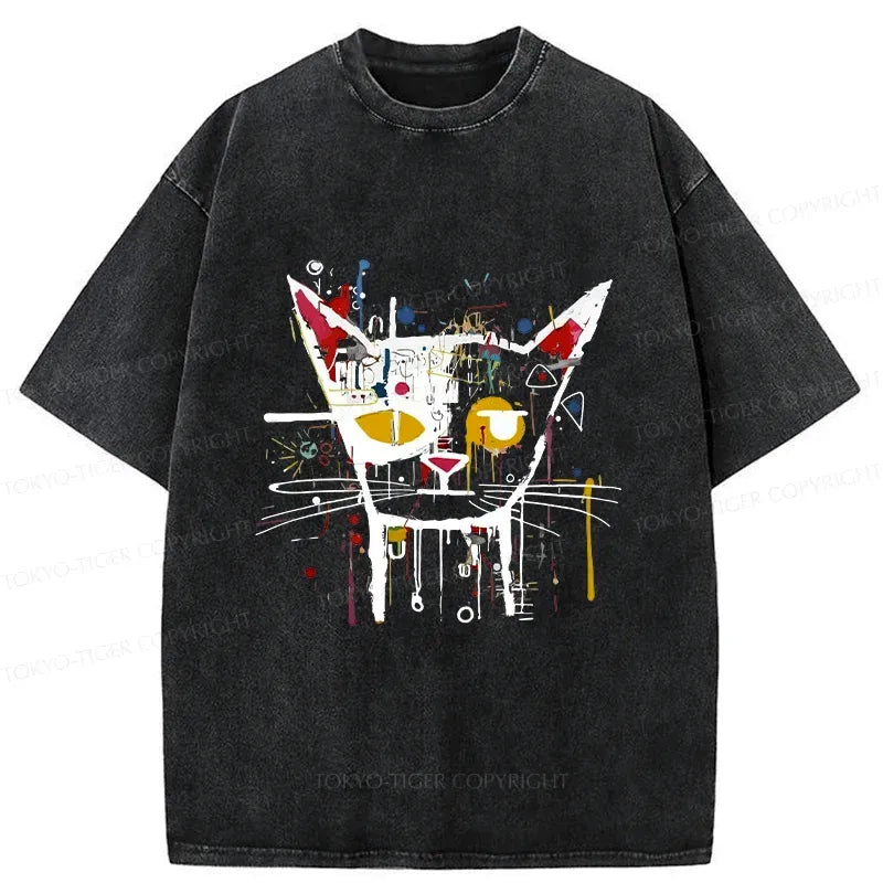 Kyoto-Lion Abstract Cat Funny Japan Washed T-Shirt