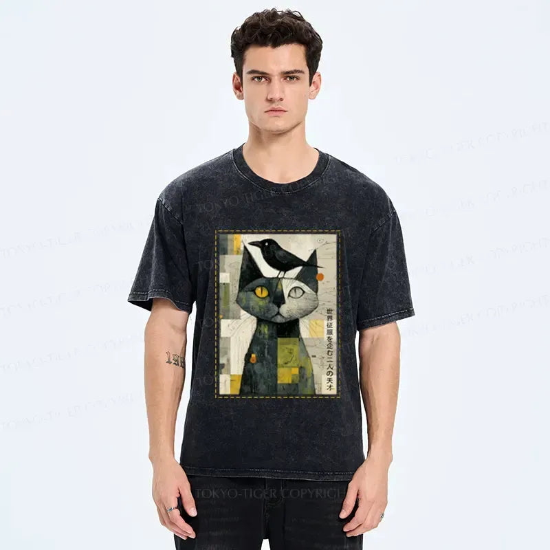 japanese cat and crow t-shirt