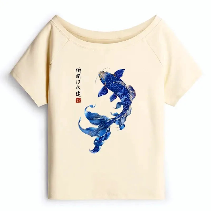 Kyoto-Lion Lucky Blue Koi Fish Art Off Shoulder T-Shirt