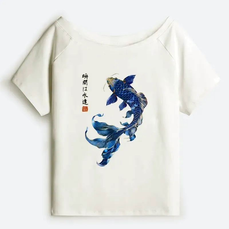 Kyoto-Lion Lucky Blue Koi Fish Art Off Shoulder T-Shirt