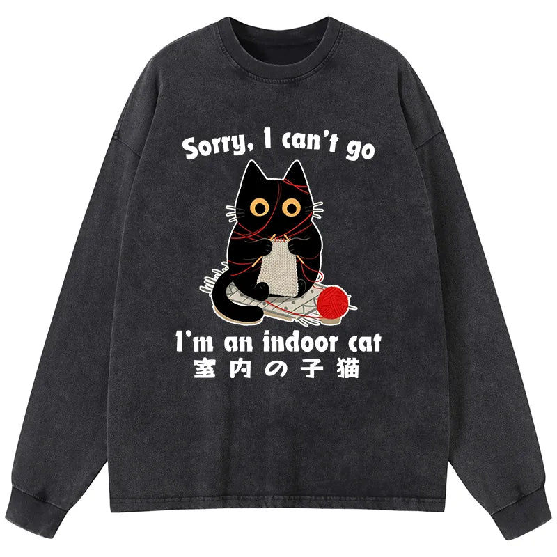 Kyoto-Lion Indoor Cat Meme Washed Long Sleeve T-Shirt